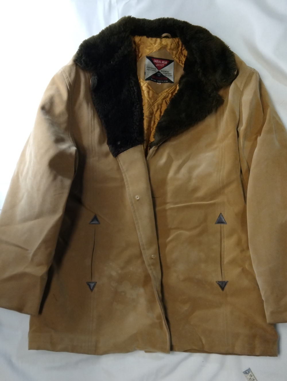 Men's Tan Pea Coat with Dark Brown Fur Collar 44